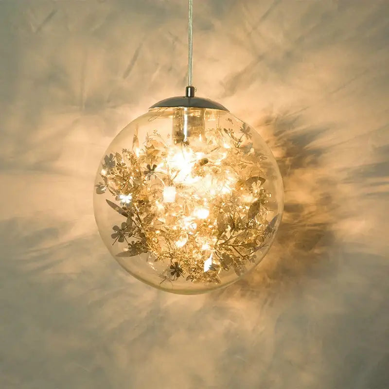 Nordic gold floral spherical glass led pendant lamp with metallic top and warm fairy lights for kitchen use