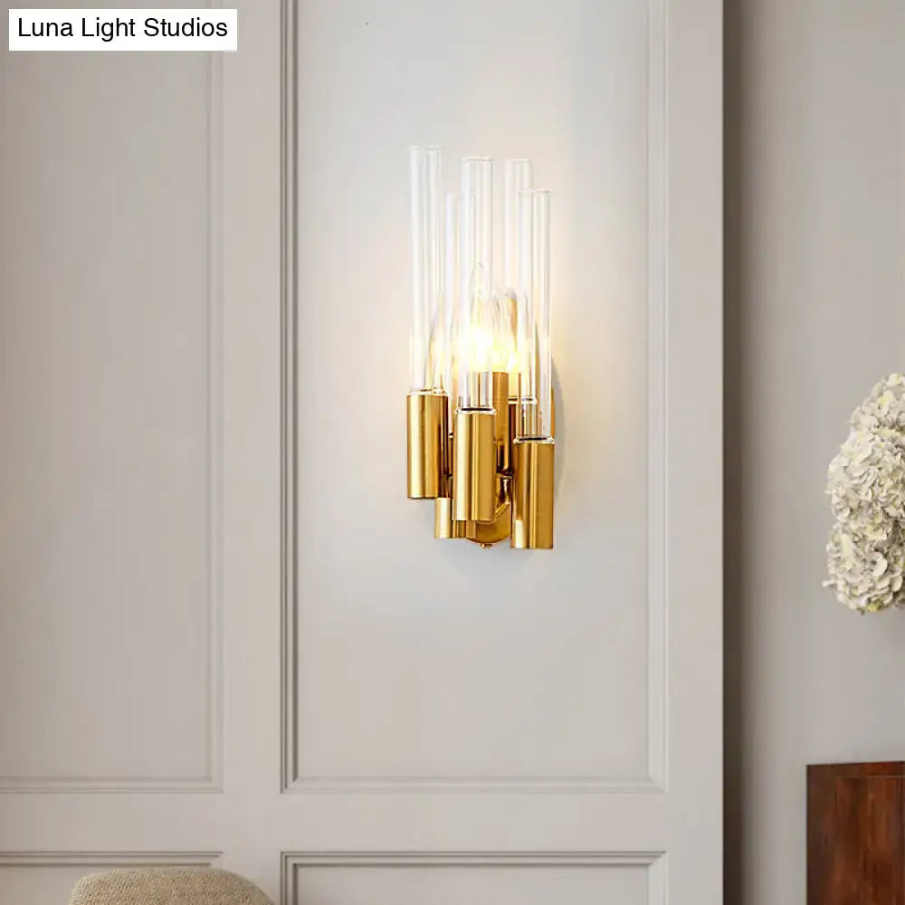 Gold-toned nordic wall lamp with clear glass tubes and brass accents for living room gold tube lighting fixture