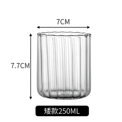 Clear glass ripple cup with vertical ridges 7cm wide 7.7cm tall nordic design heat resistant dining room use