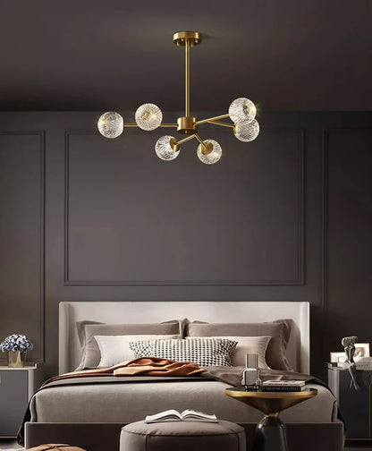Gold-toned six-globe textured glass chandelier pendant lamp for Nordic home decor dining and living room lighting