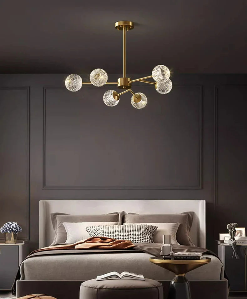 Gold-toned six-globe textured glass chandelier pendant lamp for Nordic home decor dining and living room lighting