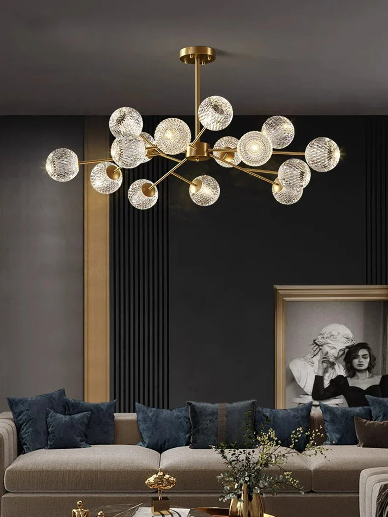 Gold-toned nordic home decor chandelier with multiple crystal globe shades for dining room and living room lighting