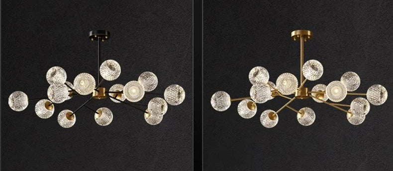 Modern chandelier with clear textured glass globe shades and black or gold metallic frame for nordic dining room lighting
