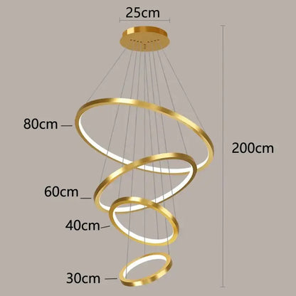 Gold-toned spiral pendant light with illuminated concentric rings for nordic home decor stair and decorbites nordic home use