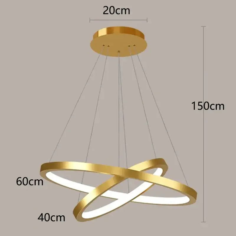Gold-colored modern led chandelier with two interlocking circular rings for nordic home decor stair lighting by decorbites nordic home