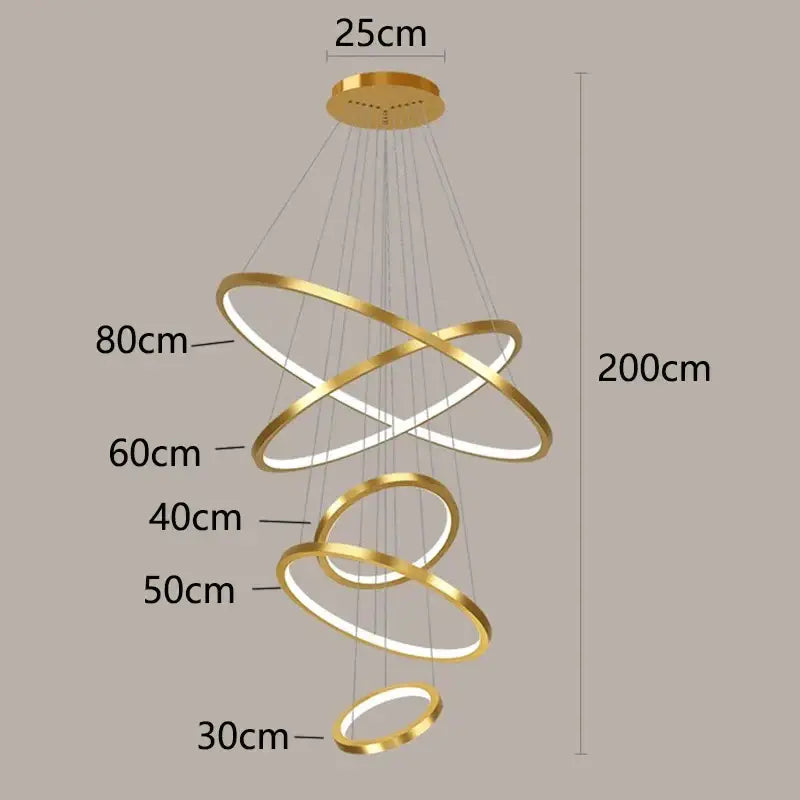 Gold-toned modern spiral chandelier with concentric rings for nordic home decor stair lighting by decorbites nordic home