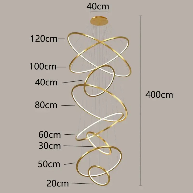 Gold-toned spiral ring chandelier with interlocking circles for nordic home decor stair lighting by decorbites nordic home