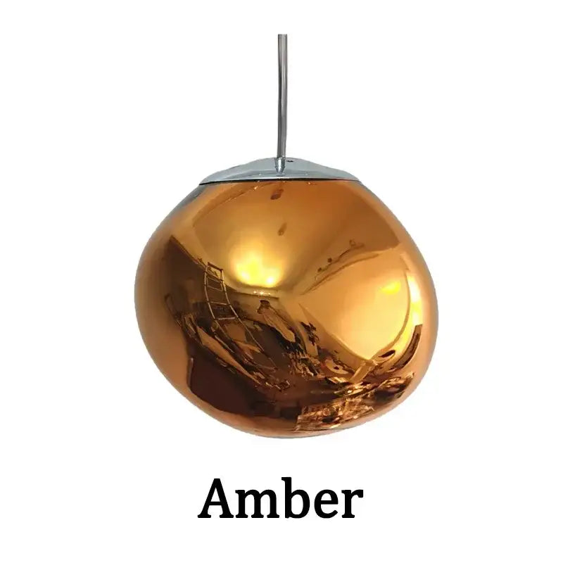 Amber-colored nordic lava glass chandelier with reflective spherical pendant light and chrome-finished hanging rod for dining room decor