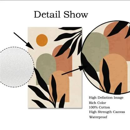 Decorbites™ abstract nordic leaf canvas wall art featuring black leaf silhouettes on beige with earthy geometric shapes