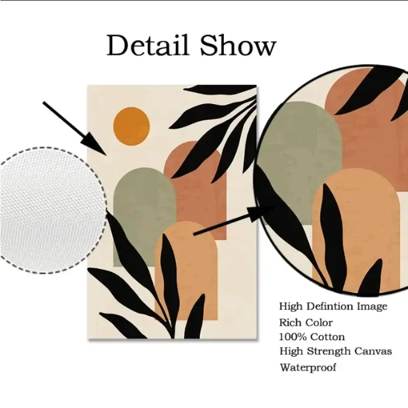 Decorbites™ abstract nordic leaf canvas wall art featuring black leaf silhouettes on beige with earthy geometric shapes