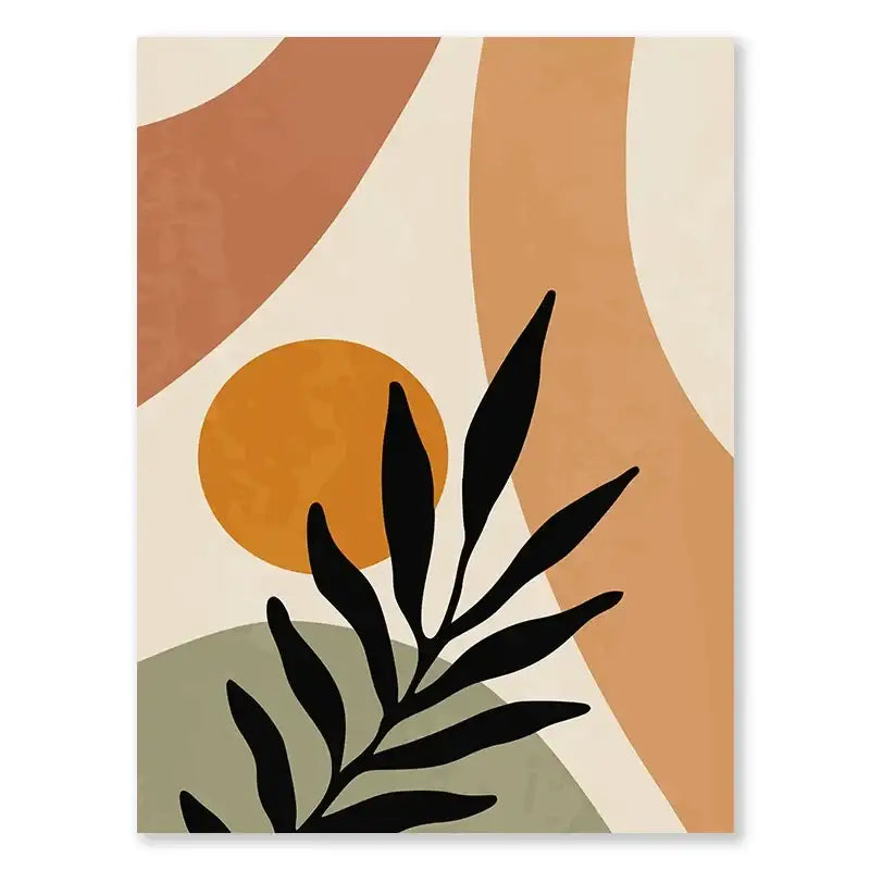 Decorbites™ abstract nordic leaf canvas wall art with bold black tropical leaf silhouettes and warm geometric shapes wall art