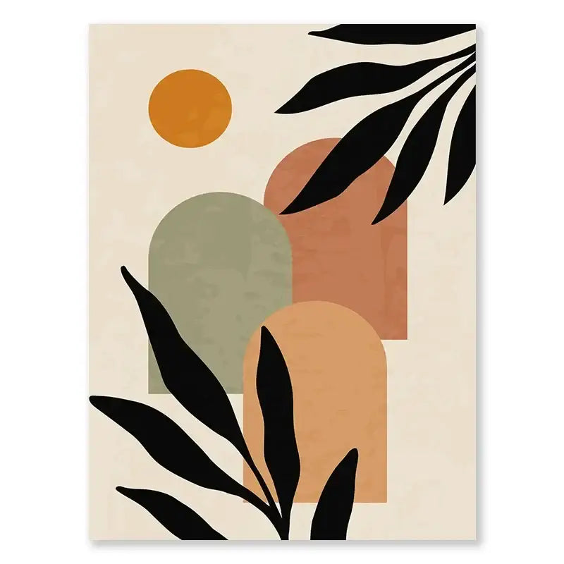 Decorbites™ abstract nordic leaf canvas wall art featuring stylized black leaves and earthy geometric shapes on cream background