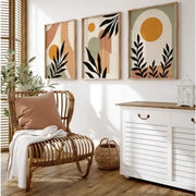 Decorbites™ abstract nordic leaf canvas wall art featuring three framed abstract wall art pieces with black leaves and earth tones