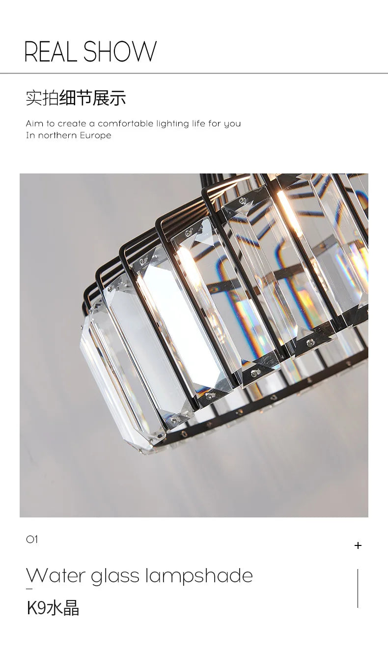 A modern black iron nordic LED crystal pendant lamp with clear k9 crystal prisms for kitchen island lighting