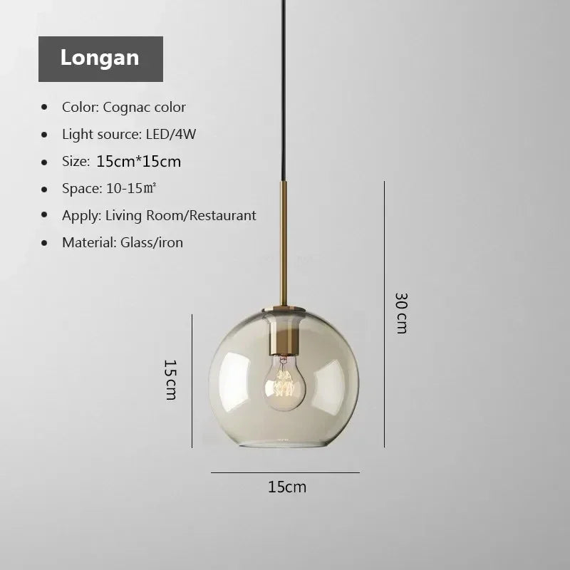 Nordic led glass pendant light with cognac spherical glass shade brass iron stem for dining room lighting