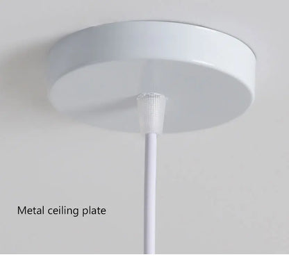 White circular metal ceiling plate with threaded connector and attached white cable for nordic led moon pendant lighting in dining room kitchen