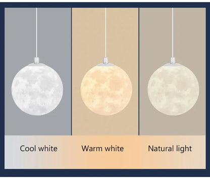 Nordic LED moon pendant chandelier with textured lunar surface in cool white warm white and natural light for dining room kitchen