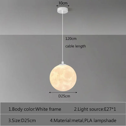 Nordic LED moon pendant light with white metal frame and translucent pla shade for dining room kitchen decor