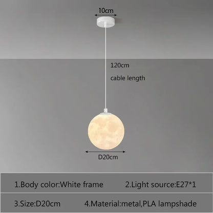 White-framed nordic led moon pendant light with 20cm diameter illuminated pla shade for dining room kitchen decor