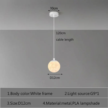 Minimalist white-framed nordic led moon pendant light with spherical pla shade for dining room kitchen decor