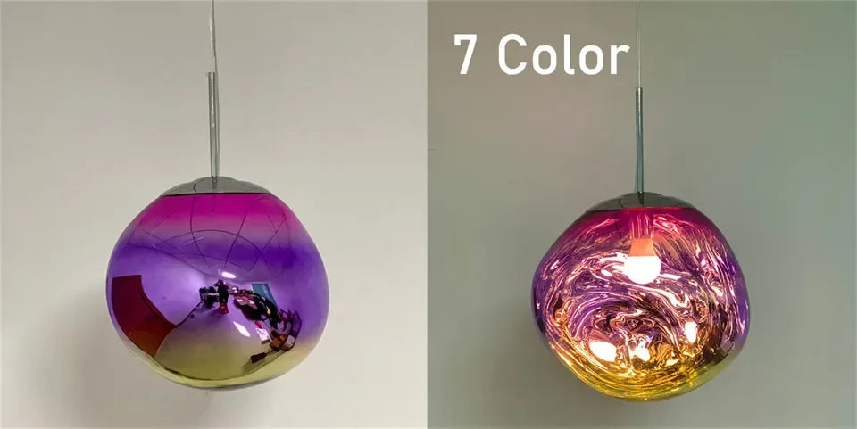Vibrant gradient glass nordic led pvc pendant light with metallic finish and swirling purple pink gold hues for indoor use