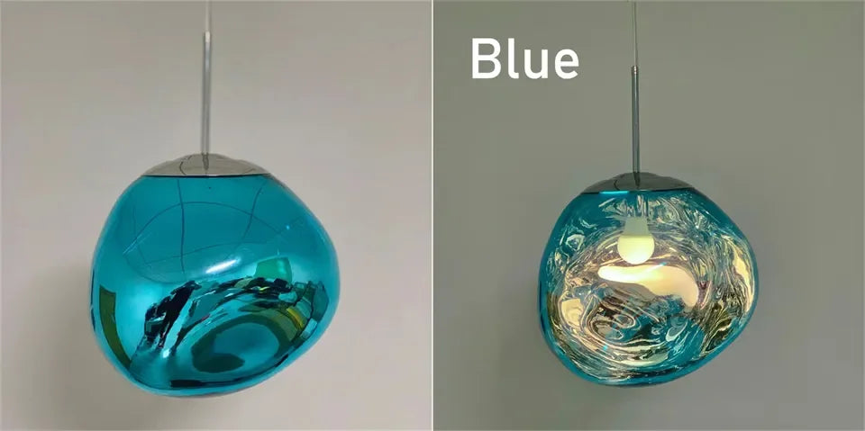 Vibrant blue glossy glass nordic led pvc pendant light with sleek metallic suspension for indoor home decor
