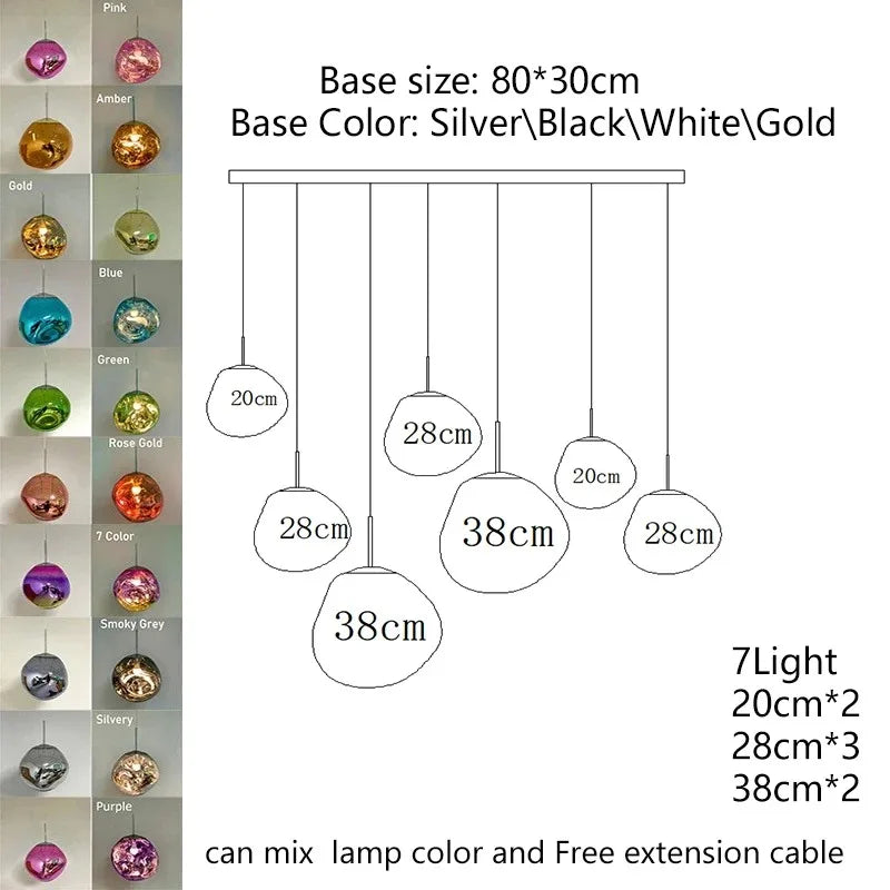 Modern nordic led pvc pendant light with seven colorful metallic glass shades for bedroom and living room decor