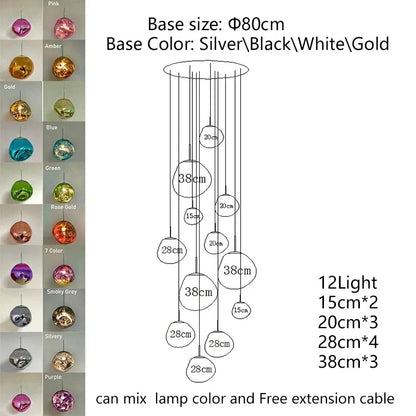 A modern Nordic LED PVC pendant light with a tiered design and 12 multicolored glass spheres for indoor use