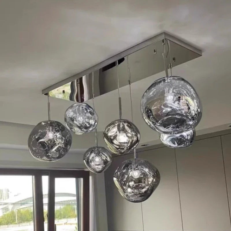 Modern chrome-finished glass globe nordic led pendant lights with rectangular ceiling mount for indoor living room lighting