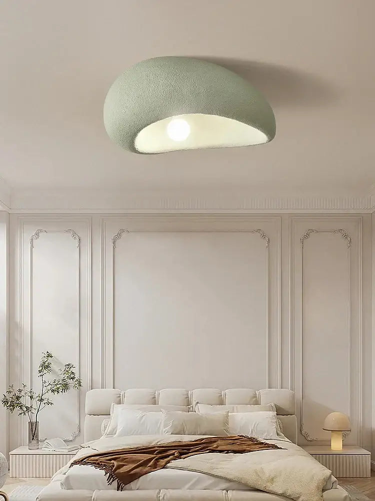 Nordic ceiling light in mint green textured fabric shaped like a mushroom for bedroom illumination