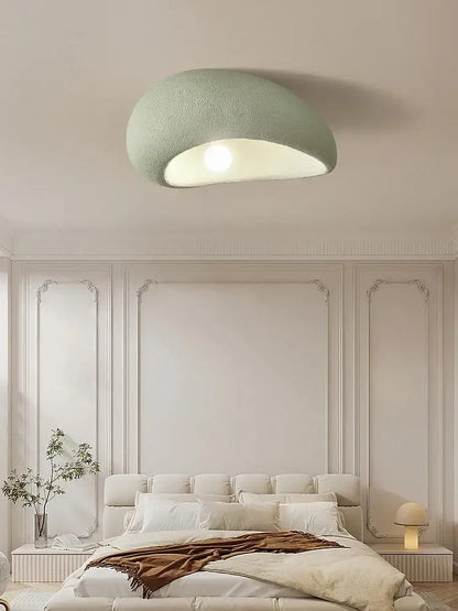 Nordic ceiling light in mint green textured fabric shaped like a mushroom for bedroom illumination