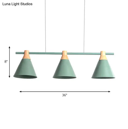 Modern mint green DecorBites nordic metal pendant light with three conical shades and natural wood accents for kitchen island lighting
