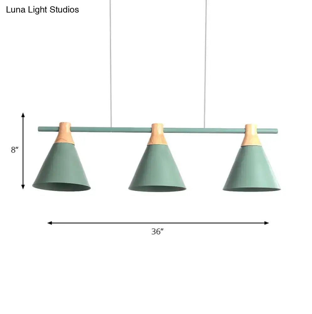 Modern mint green DecorBites nordic metal pendant light with three conical shades and natural wood accents for kitchen island lighting