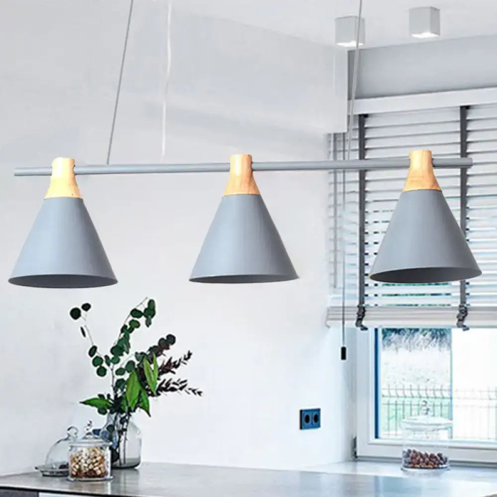Modern gray and wood-toned DecorBites Nordic metal hanging chandelier with three conical shades for kitchen island lighting