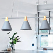 Modern gray and wood-toned DecorBites Nordic metal hanging chandelier with three conical shades for kitchen island lighting