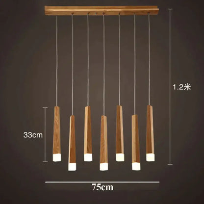 Modern wooden pendant lamp with six slender cylindrical shades in nordic minimalist wood art style for dining room