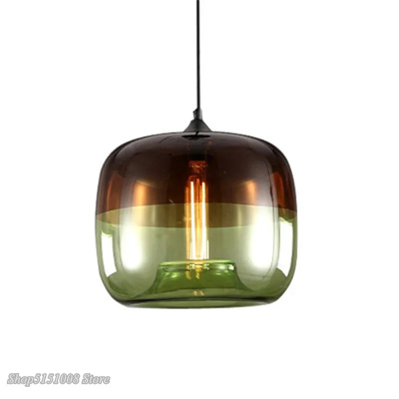 Nordic modern apple pendant lights with gradient dark amber to green glass shade and exposed edison bulb for home decor