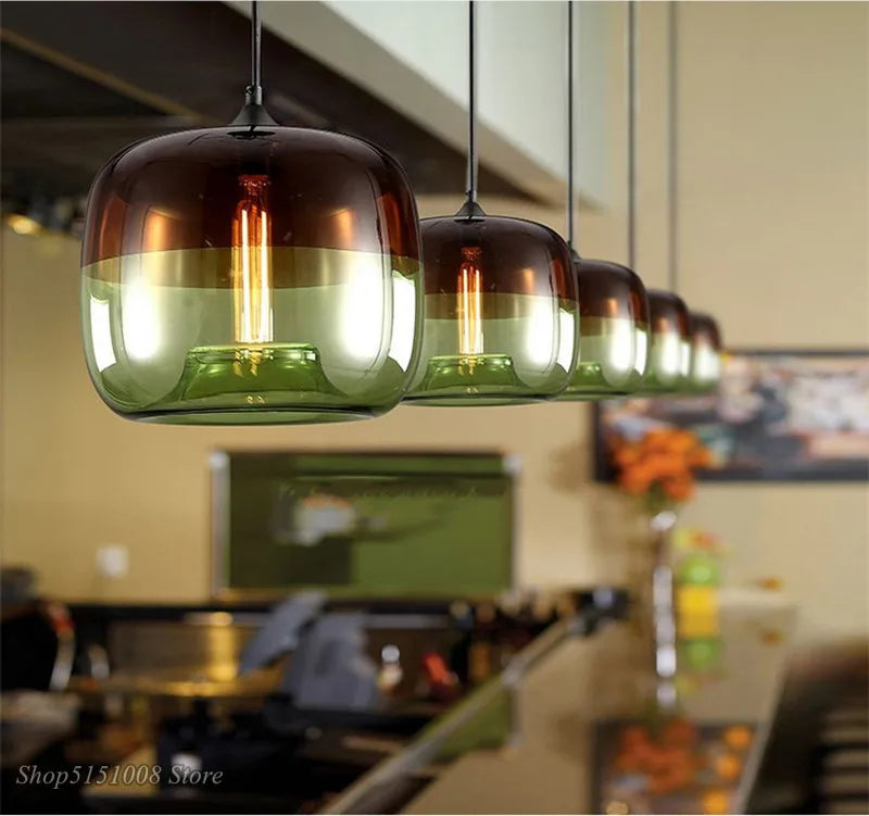 Nordic modern apple glass pendant lights with gradient amber to green shade and exposed filament bulb for living room