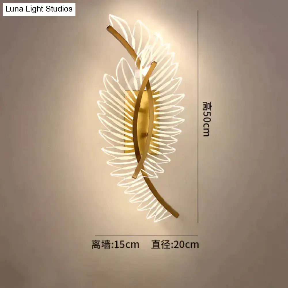 Gold-toned nordic modern art wall lamp with leaf-shaped translucent illuminated petals for modern art bedside use