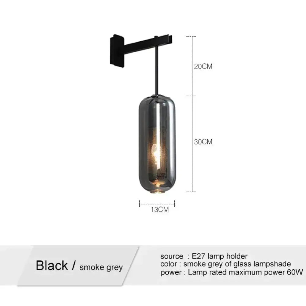 Black metal wall-mounted sconce with a smoke grey glass lampshade for nordic modern decor bedroom lighting
