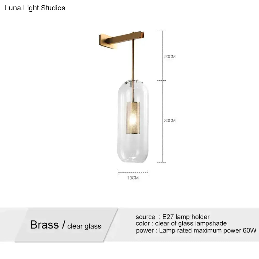 Nordic modern decor brass and glass wall lamp with cylindrical clear glass lampshade for bedroom lighting
