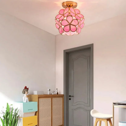 Pink floral petal acrylic pendant lamp with gold-toned metal frame for bedroom bedside and restaurant lighting
