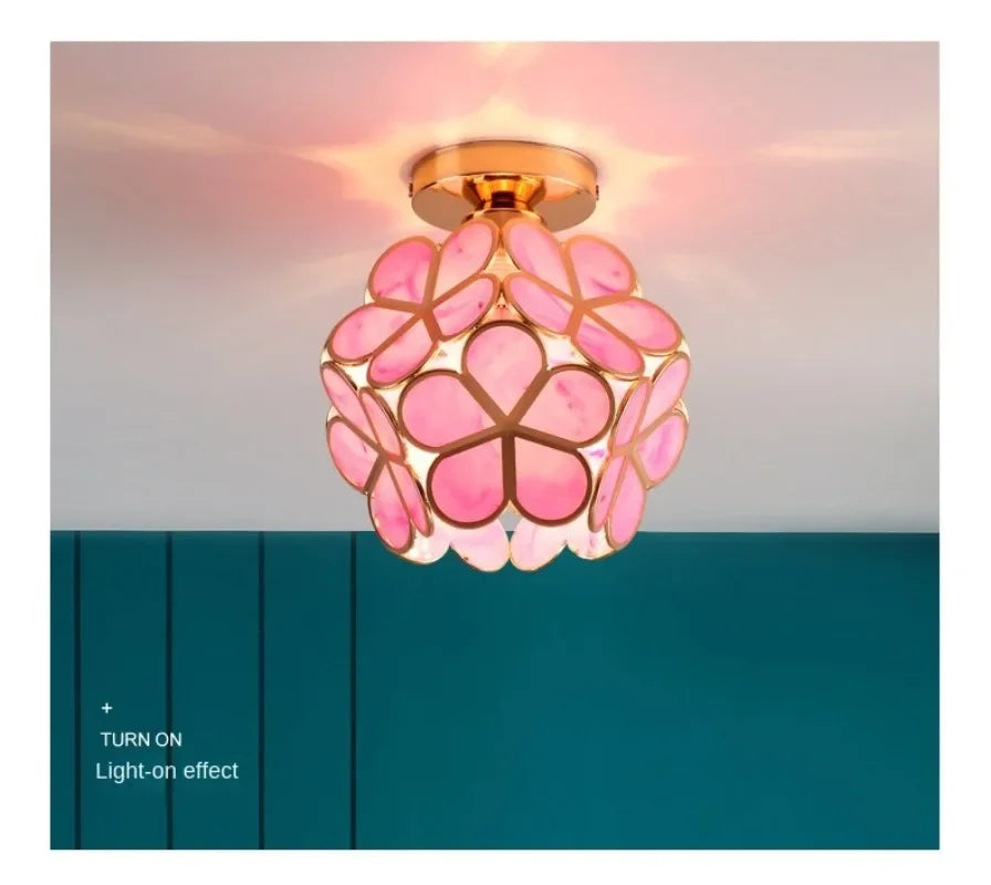 Pink floral stained glass ceiling light with gold-toned metal frame nordic modern petal acrylic pendant lamp