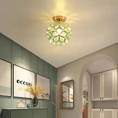Nordic modern petal acrylic pendant lamp with gold-toned spherical stained glass floral design for bedroom and foyer lighting