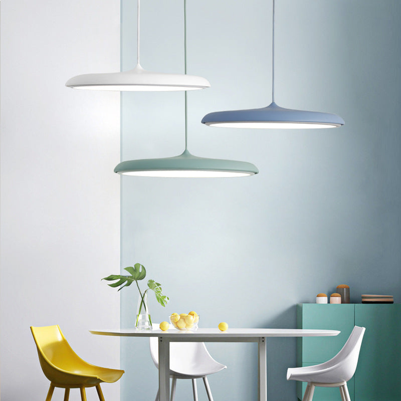 Nordic modern simple LED chandelier with a three color pendant light set in matte white pastel blue and mint green shades