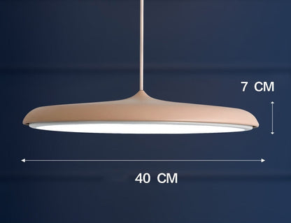 Beige nordic modern simple led chandelier with white interior and silver chain featuring three color temperature options