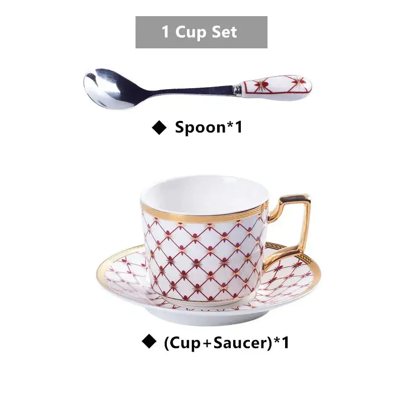 Elegant white bone china coffee cup and saucer with red lattice pattern and gold trim from Nordic navy gold coffee set