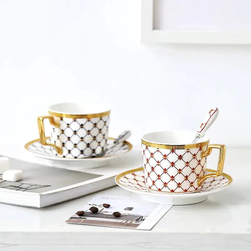 Elegant white porcelain bone china coffee set with gold rims and red diamond patterns for dining room use