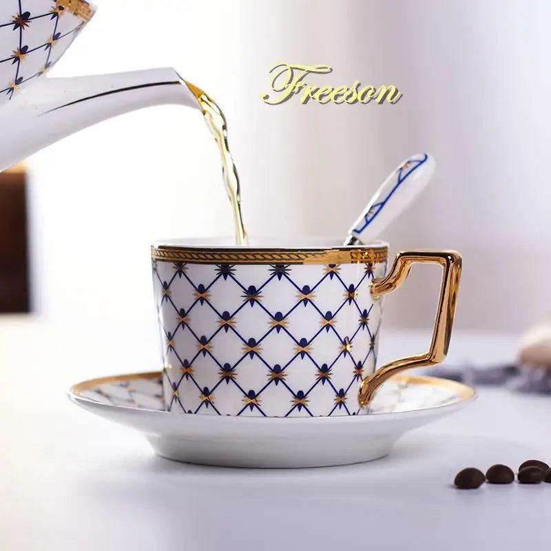White porcelain bone china coffee cup with gold rim navy blue geometric pattern from nordic navy gold coffee set