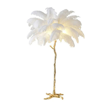 White ostrich feather floor lamp with gold-toned tree-like stand for living room and bedroom decor lighting